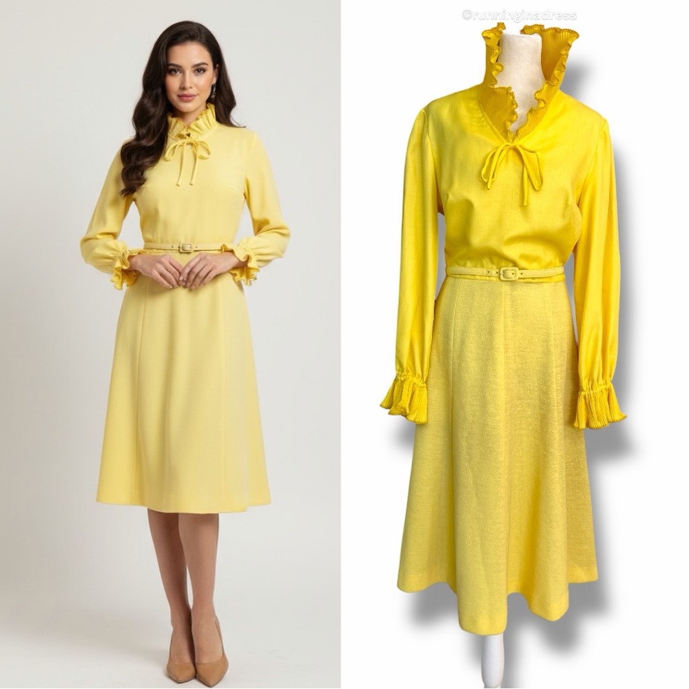 RARE Vintage 70s Nardis of Dallas Yellow Stand-up Collar Midi Dress Modern Small